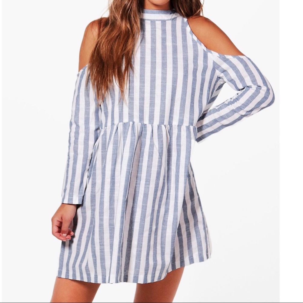 Blue and White Cold Shoulder Skater Dress